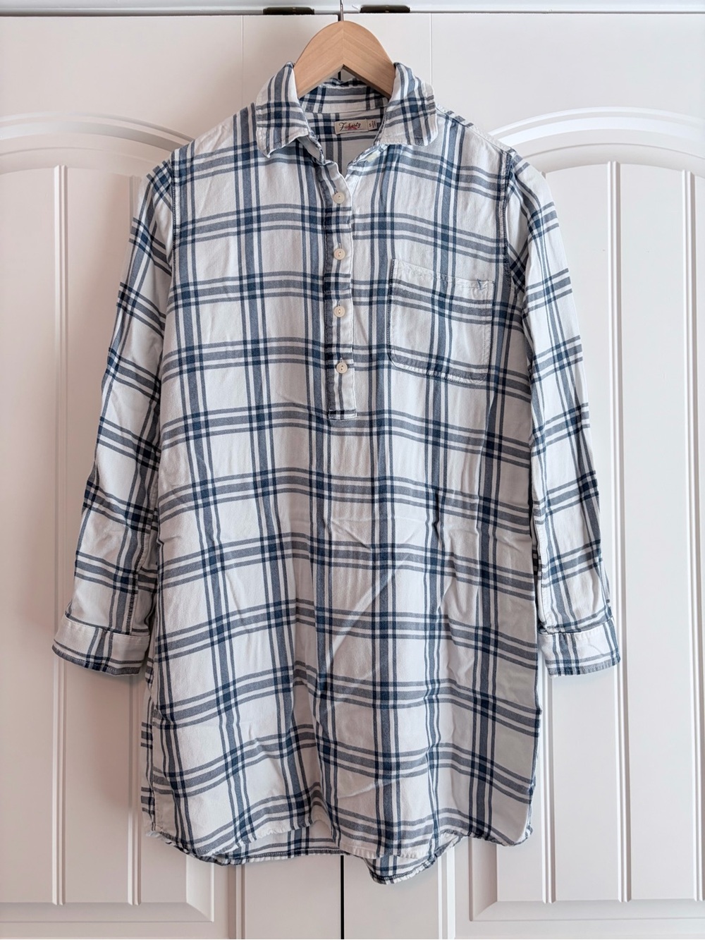 Faherty Legend Popover Tunic Shirt Dress Plaid White Blue Women's Size S